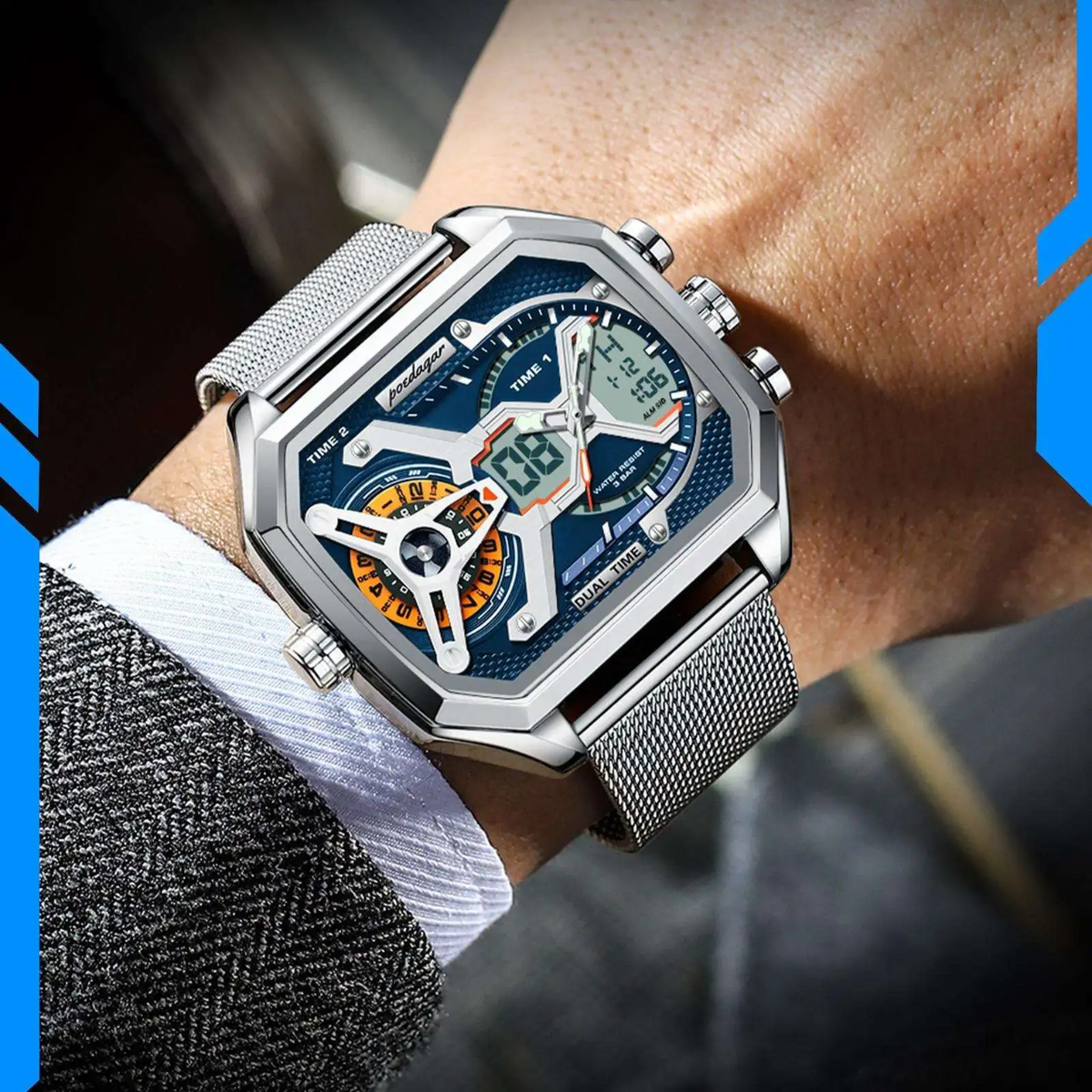 Montre Poedagar Dual Time - Design Mécanique et Maille Milanaise