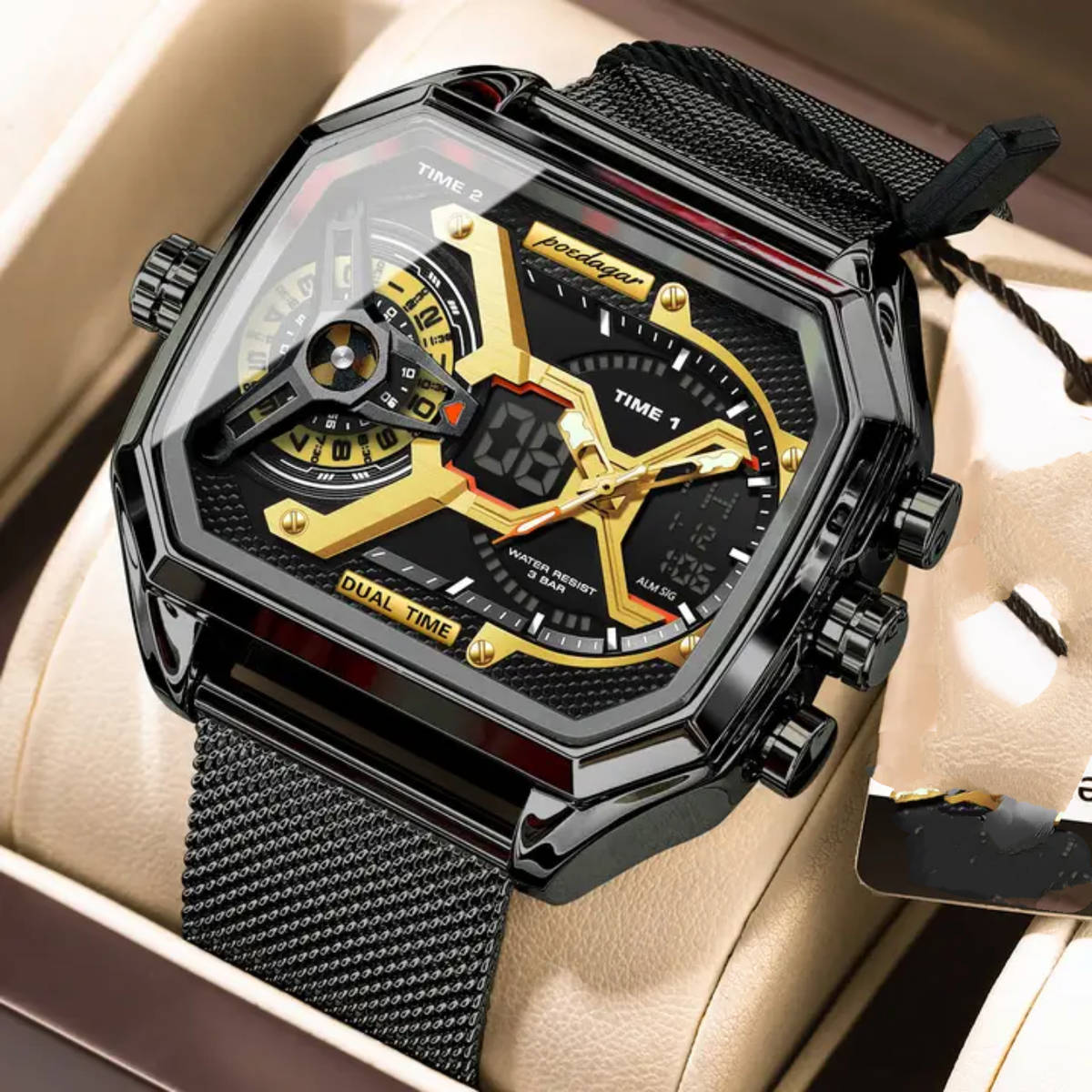 Montre Poedagar Dual Time - Design Mécanique et Maille Milanaise