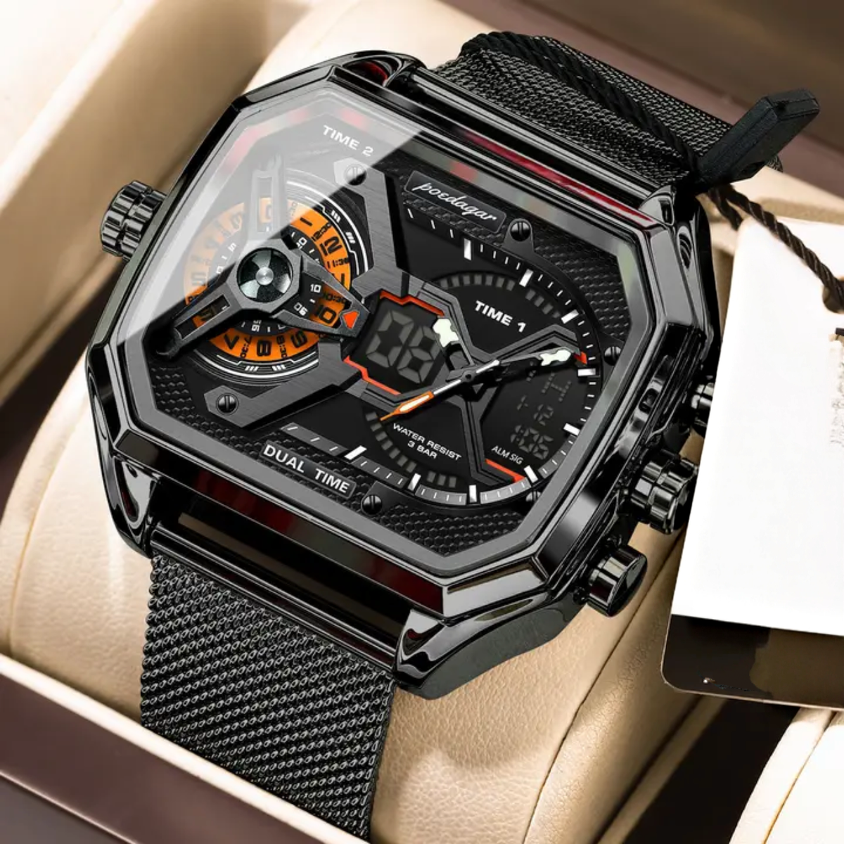 Montre Poedagar Dual Time - Design Mécanique et Maille Milanaise