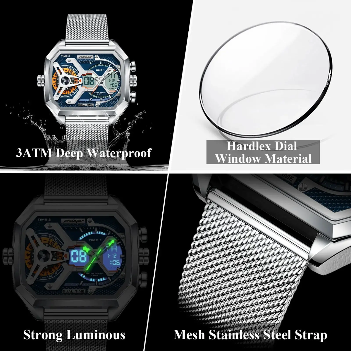 Montre Poedagar Dual Time - Design Mécanique et Maille Milanaise