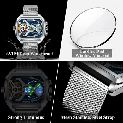 Montre Poedagar Dual Time - Design Mécanique et Maille Milanaise